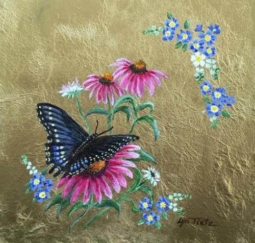 Black Swallowtail and Daisies Gold Rice Paper